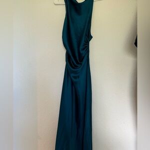 Dark blue satin maxi dress with crossed open back